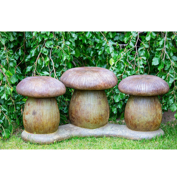 Three mushrooms seating garden bench toadstools cement sculptural